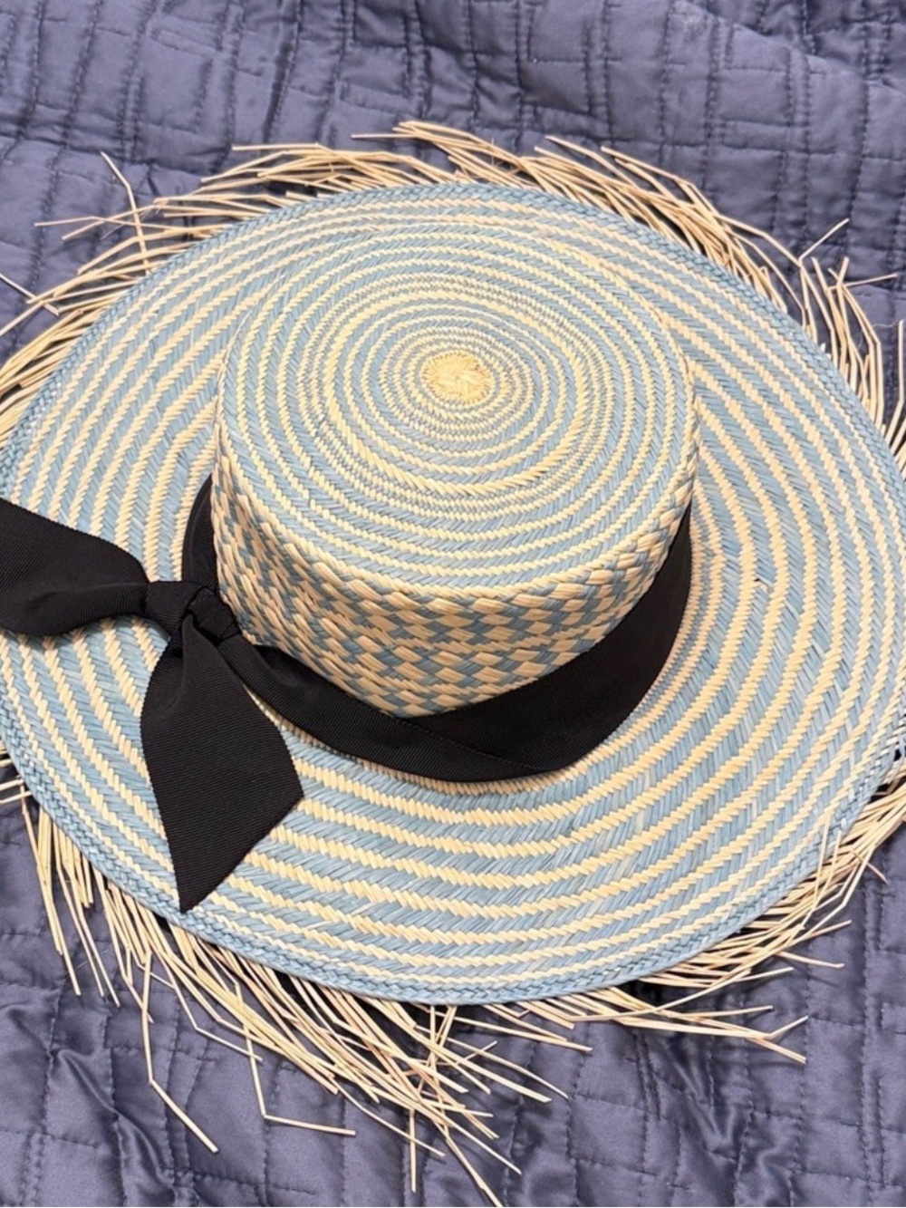 Blue & Natural Woven Straw Sun Hat with Black Ribbon